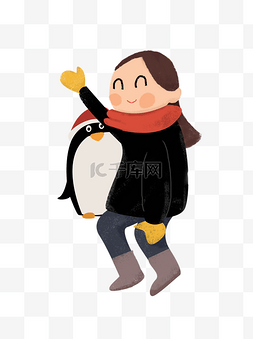 可爱女孩抱着企鹅玩偶元素