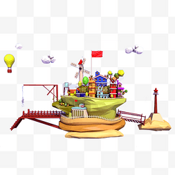 黄色的热气球图片_悬空岛上的喜庆小城市