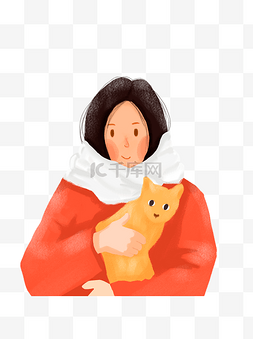 清新治愈系抱着猫咪的女孩插画元