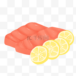 日式美食手绘图片_三文鱼柠檬日式料理美食插画
