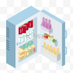 水果手绘卡通矢量图片_2.5D立体插画冰箱食物牛奶啤酒饮