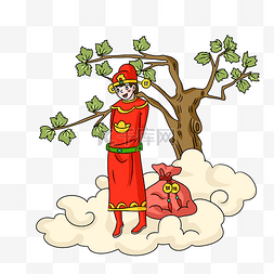 财神爷和一棵树手绘插画