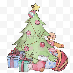 圣诞节矢量彩绘圣诞树礼物插画