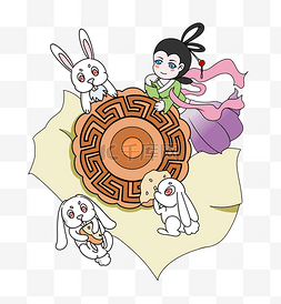 传统节日手绘插画图片_手绘嫦娥玉兔月饼插画
