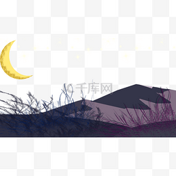 下清新插画图片_月亮下的草原与山峰主题边框