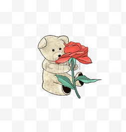 绿叶手绘清新文艺图片_手绘抱玫瑰的小熊