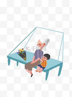 重阳插画图片_坐在椅子上的老奶奶和孙子人物素
