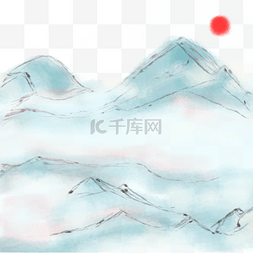 意境背景素材图片_中国风水墨水彩山川红日手绘免抠