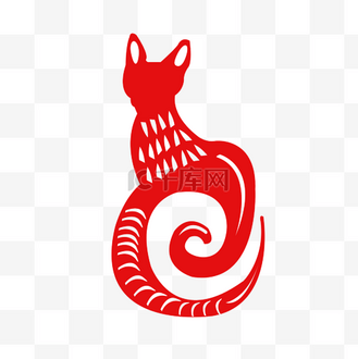 手绘猫耳朵尾巴图片素材_红色长尾猫剪纸插画