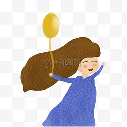 拿着黄色气球飞舞的可爱小女孩免