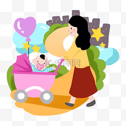 母婴紫色图片_母婴人物和粉色的婴儿车