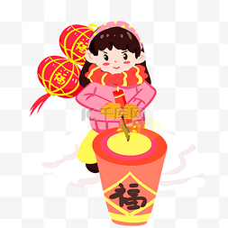 春节对联年画图片_春节传统习俗放鞭炮手绘插画