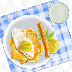 餐桌布上的美食早餐荷包蛋与火腿