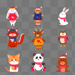 冬季服装手绘素材图片_手绘彩色圣诞节小动物