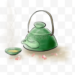 茶壶图片_中国风花瓣和绿色茶壶