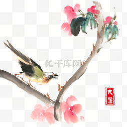 写意水墨素材图片_大暑红花与小鸟