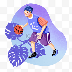 手绘运动员插画图片_打篮球的运动男孩手绘卡通插画png
