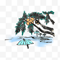 古风清凉图片_水墨夏天椰子树手绘插画