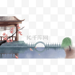 古建筑水墨图片_清明节古风插画春天风景水墨山水