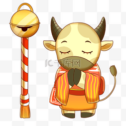 日本新年穿着和服祈祷的牛