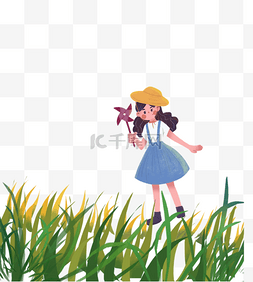 玩风筝的女孩图片_在田野中的少女