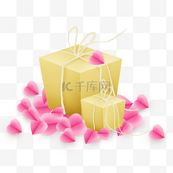 金色礼物盒和粉色折纸心
