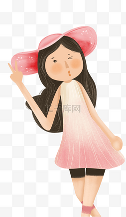 自拍插画女孩图片_手绘卡通穿粉色裙子的女孩免扣元