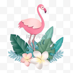 花丛中的粉色火烈鸟剪纸风格插画