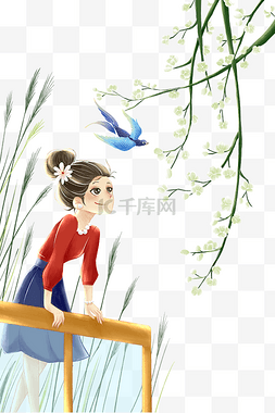 春天景色看花的小女孩