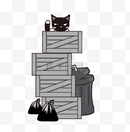 手绘黑色猫图片_木箱和猫手绘