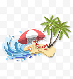 遮阳伞海边图片_卡通海滩岛屿剪纸矢量图夏天