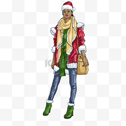 女装毛呢外套图片_圣诞节黑人女人模特女装插画元素