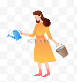 矢量扁平女子手拿水桶浇水壶