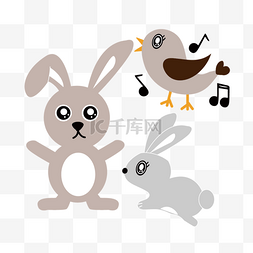 svg卡通可爱的兔子与小鸟音符