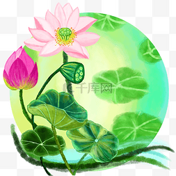 手绘花装饰平面图片_夏日荷塘荷花边框插画高清免抠图