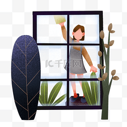 植物女孩插画素材图片_劳动节擦玻璃的女孩插画