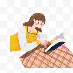 可爱的看书女孩图片_手绘卡通趴着看书的女孩免扣元素
