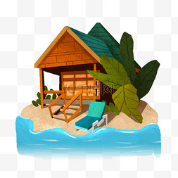 沙滩水树木图片_小岛上门前放着沙滩椅的度假小屋