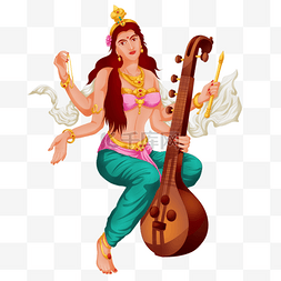 vasant panchami绿色印度女神弹琴sitar