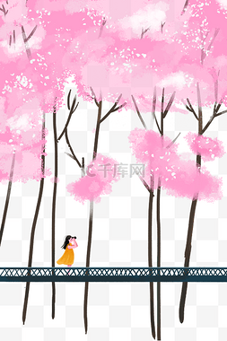 公园浪漫粉色樱花树丛女孩拍照