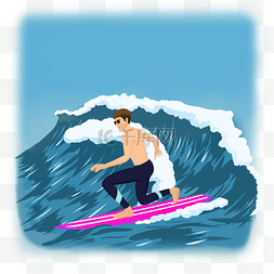 海浪冲浪板图片_戴墨镜跪在冲浪板上的男孩