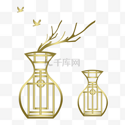 中国风金色花纹瓶子树枝小鸟