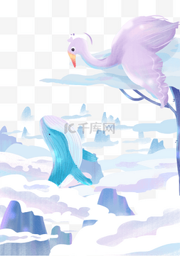 悬崖云海图片_手绘卡通云海里的鸟和琨免扣元素