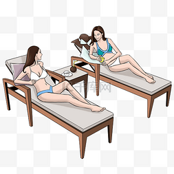 海边度假游泳装图片_夏季在海边躺椅上休闲的美女