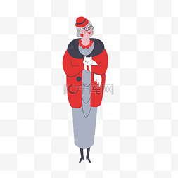 红色女士外套图片_时髦的老年女性怀抱猫咪