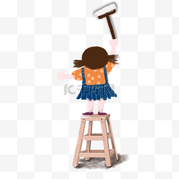 蓝色的墙图片_卡通女孩站在椅子上刷墙免抠图