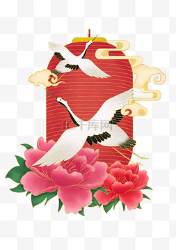 中国风元素牡丹图片_新年国潮灯笼仙鹤装饰