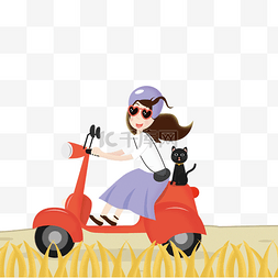 金色路图片_卡通小女孩骑车子在野外