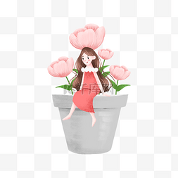 坐在盆栽上的可爱女孩