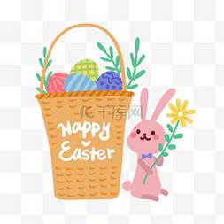 小兔子彩蛋篮子图片_复活节一篮彩蛋和兔子PNG免抠素材
